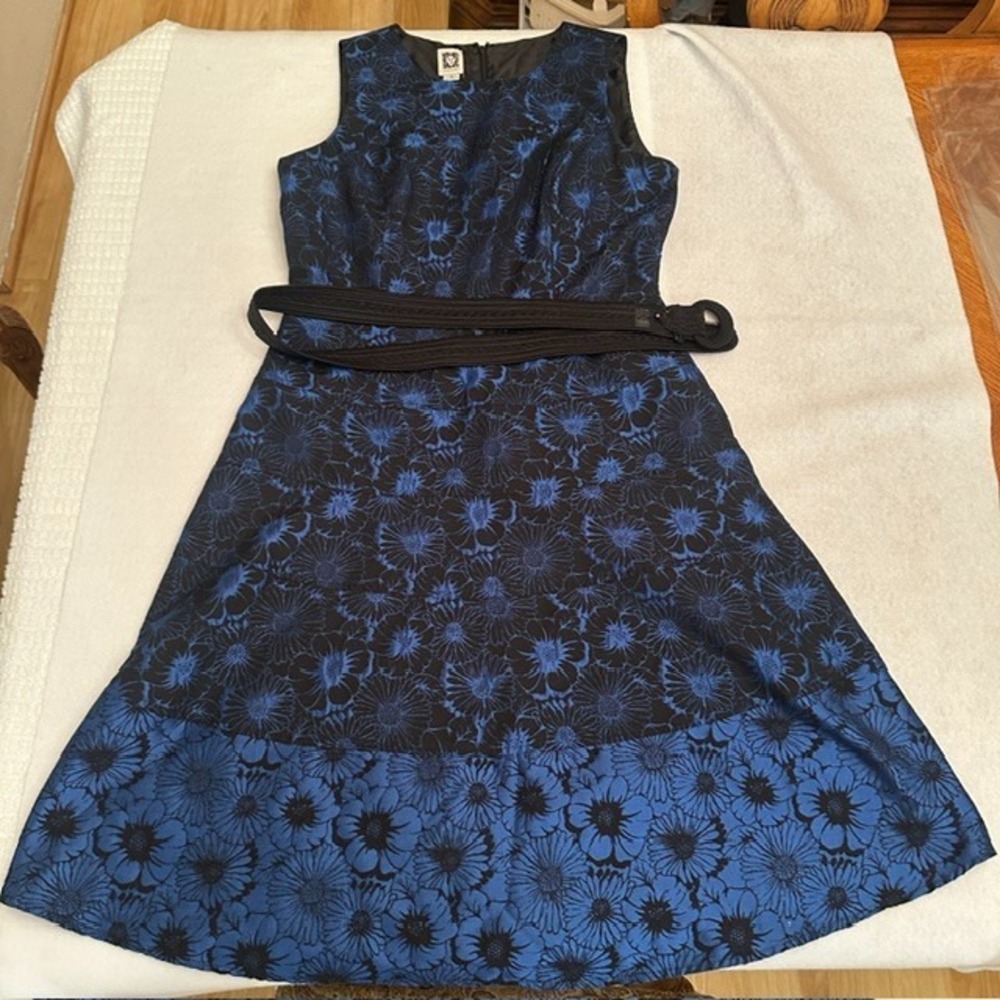 Anne Klein Floral Dress Womens 10 Blue Black A Line Sleeveless Jacquard Belted